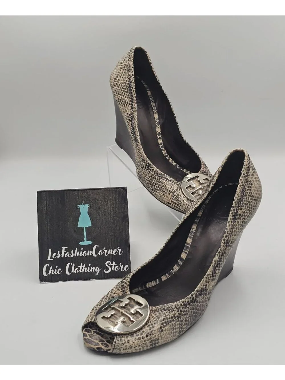 Tory Burch Women's Python Leather Julianne Peep Toe Wedge Pumps Shoe Size 9 3783